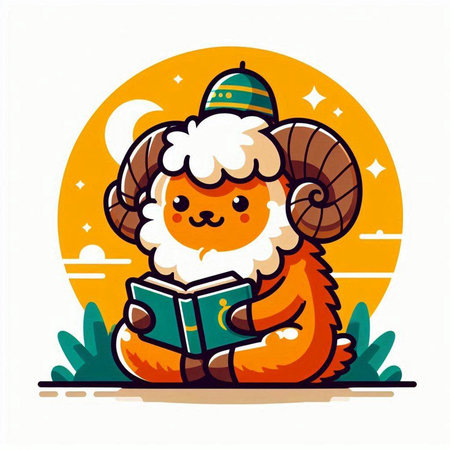 Cute cartoon ram reading a book. Vector illustration in flat style.のイラスト素材