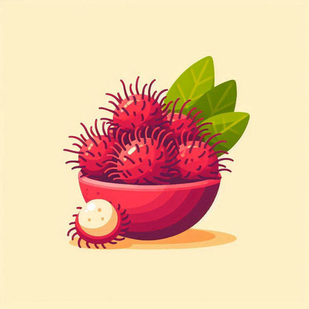 Rambutan fruit vector illustration. Rambutan in a bowl.のイラスト素材
