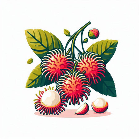 Tropical fruit rambutan. Vector illustration isolated on white background.のイラスト素材