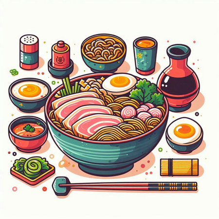 Japanese ramen noodle soup in bowl with chopsticks and ingredients on white background. Vector illustration.のイラスト素材