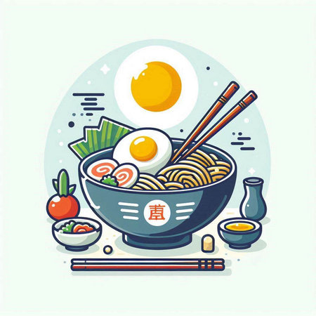 Japanese ramen noodle with egg in bowl. Vector illustration.のイラスト素材