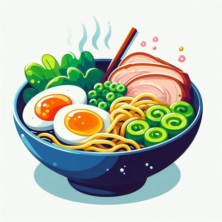 Illustration of bowl of noodle soup with ham, egg and vegetablesのイラスト素材