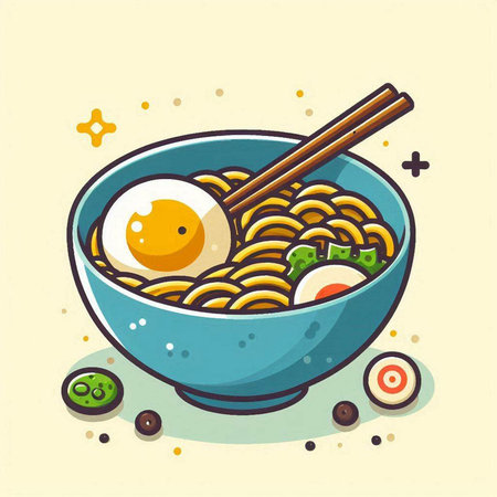 Illustration of bowl of noodle with egg and chopsticks.のイラスト素材