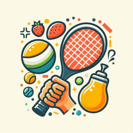 Tennis concept. Vector illustration in flat line style. Colorful design elements.のイラスト素材