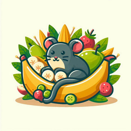 Cute cartoon rat with fruits and vegetables. Vector illustration for your designのイラスト素材