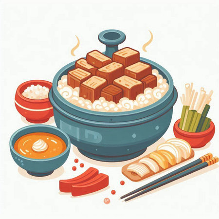Illustration of a bowl of rice with tofu, soy sauce and chopsticksのイラスト素材