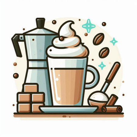 Coffee with whipped cream and coffee beans. Vector illustration.のイラスト素材