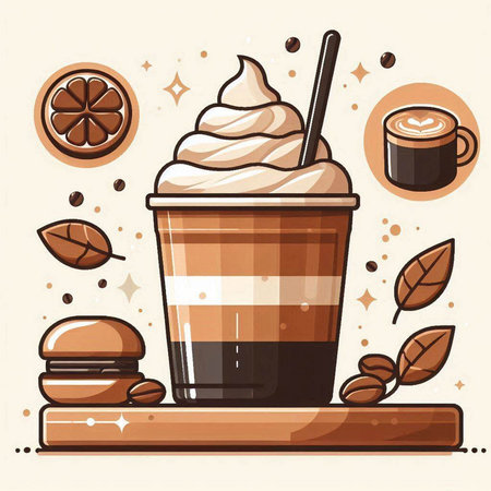 Coffee cup with whipped cream and coffee beans. Vector illustration.のイラスト素材