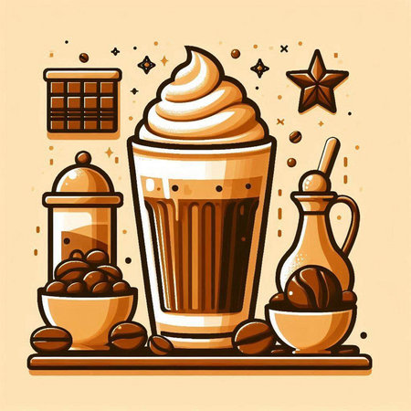 Coffee cup with whipped cream and coffee beans. Vector illustration.のイラスト素材