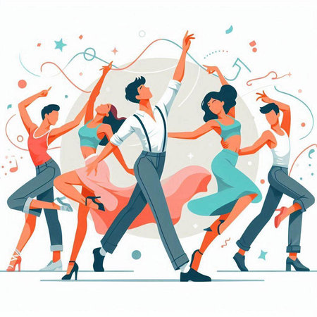 Dancing people. Group of young men and women dancing together. Vector illustration.のイラスト素材