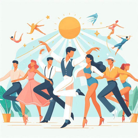 Dancing people flat color vector illustration. Group of men and women dancing together on summer party.のイラスト素材