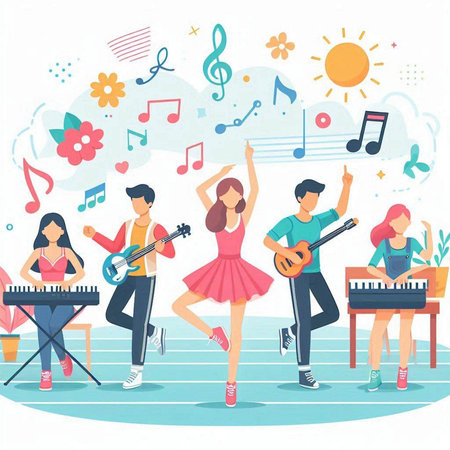 Musical group of young people playing musical instruments. Flat style vector illustration.のイラスト素材