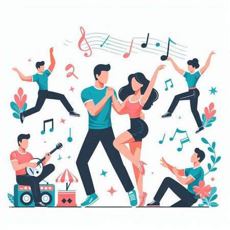 Musical group flat vector illustration. Cartoon male and female characters dancing, singing, playing musical instruments, playing guitar, singing and dancing. Music festival conceptのイラスト素材