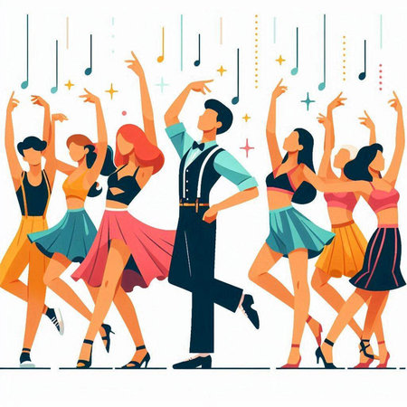 Dancing people. Men and women dancing at party. Vector illustration.のイラスト素材