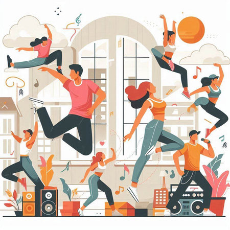 Vector illustration of young people dancing at home. Flat style design.のイラスト素材