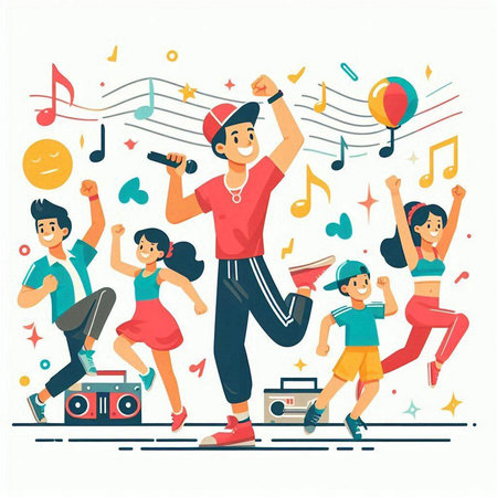 Happy people dancing and listening to music. Flat style vector illustration.のイラスト素材