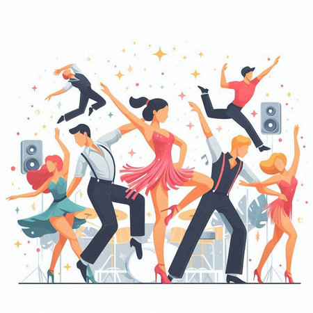 Dancing people. Vector illustration in flat cartoon style. Party, disco, club, dancing people.のイラスト素材