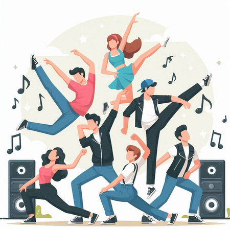 Dancing people flat vector illustration. Group of young men and women dancing at party.のイラスト素材