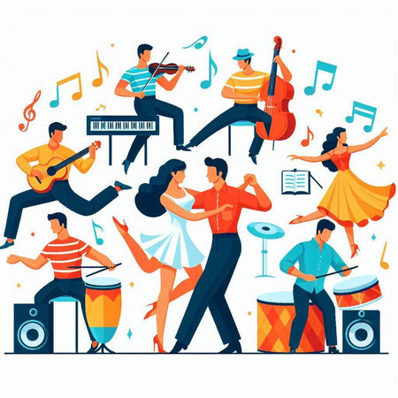 Musical band flat composition with people playing musical instruments isolated vector illustrationのイラスト素材