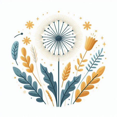 dandelion flower and leafs decorative icon vector illustration desingのイラスト素材