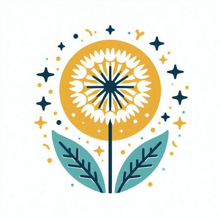Dandelion flower and stars. Hand drawn vector illustration in retro style.のイラスト素材