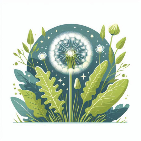 Dandelion flower on a background of the night sky. Vector illustration.のイラスト素材