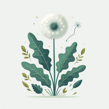 Vector illustration of a dandelion flower with leaves and seeds.のイラスト素材