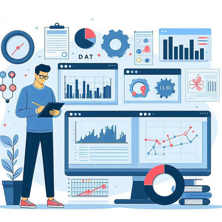 Data analysis concept. Vector illustration in flat cartoon style. Man with tablet pc, charts and graphs on computer screen.のイラスト素材