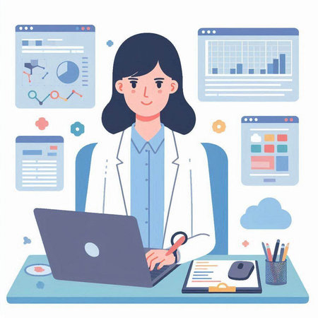 Female doctor in white coat working on laptop at her office. Vector illustrationのイラスト素材