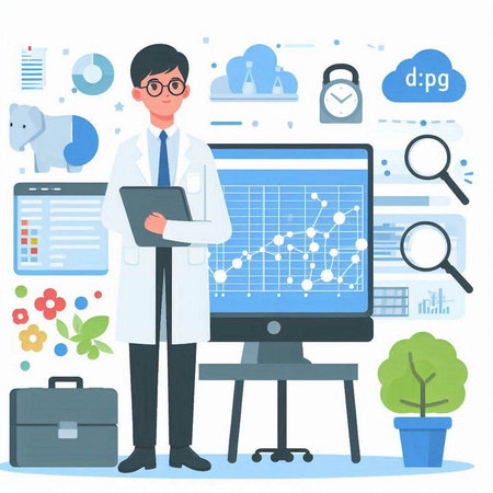 Doctor with stethoscope standing near computer screen. Vector flat illustrationのイラスト素材