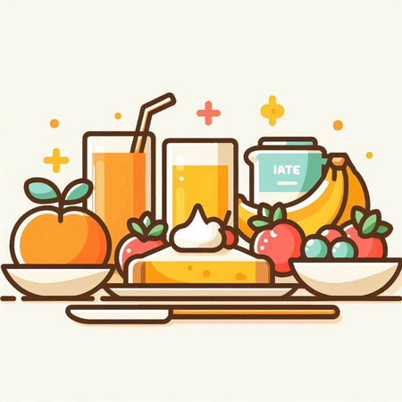 Healthy food vector illustration. Flat style design with fruits, berries and smoothie.のイラスト素材