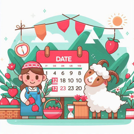 Vector illustration of a girl and a sheep with a calendar in the backgroundのイラスト素材