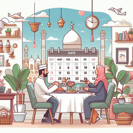 Vector illustration of Ramadan Kareem greeting card with muslim couple drinking tea in cafe.のイラスト素材