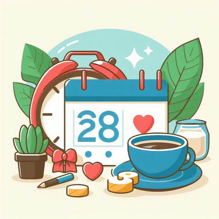 Cup of coffee, alarm clock, heart, pencils and leaves. Valentine's day vector illustration.のイラスト素材