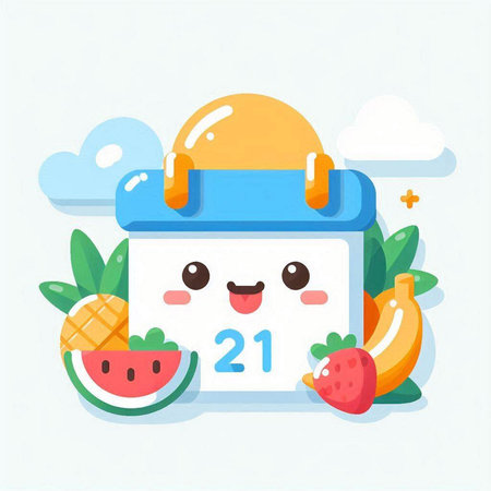 Cute happy kawaii calendar with fruits, vector illustration.のイラスト素材