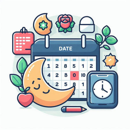 Vector illustration of day planning concept with calendar, clock, flower, apple and alarm clock.のイラスト素材