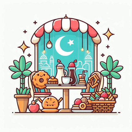 Vector illustration of a cafe or restaurant with food and drinks in flat style.のイラスト素材