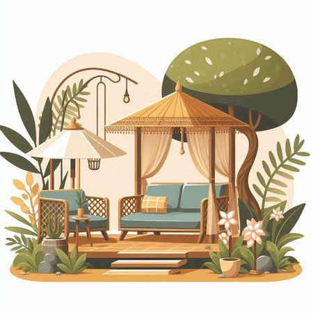 Illustration of a cozy summer patio with a chaise lounge and a parasolのイラスト素材