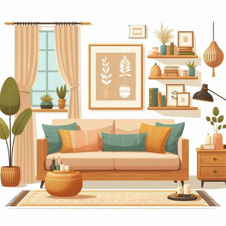 Living room interior with sofa, bookshelf and plants. Vector illustrationのイラスト素材