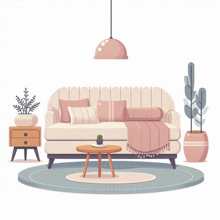 Living room interior with sofa, coffee table and plants. Vector illustration in flat style.のイラスト素材
