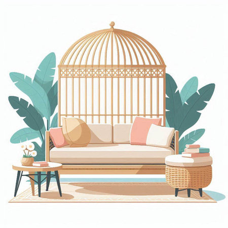 Vector illustration of a cozy living room with a sofa and a bird cage.のイラスト素材