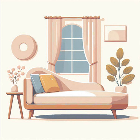 Vector illustration of a cozy bedroom with a sofa, a table, a window and a plant.のイラスト素材