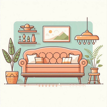 Living room interior with sofa, lamp and plants. Vector illustration.のイラスト素材