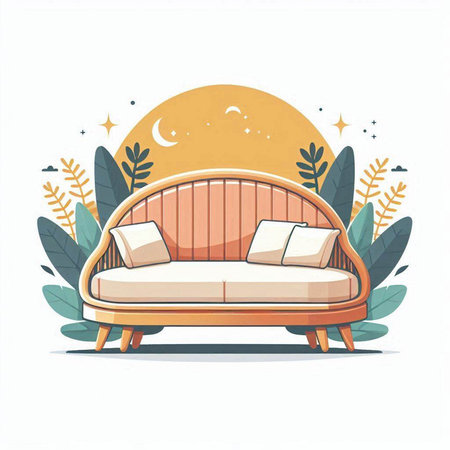 Comfortable sofa with pillows in the garden. Vector illustration.のイラスト素材