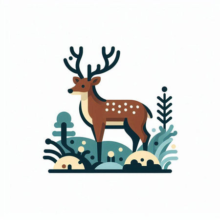 Hand drawn vector illustration of a cute deer in the forest. Scandinavian style flat design.のイラスト素材