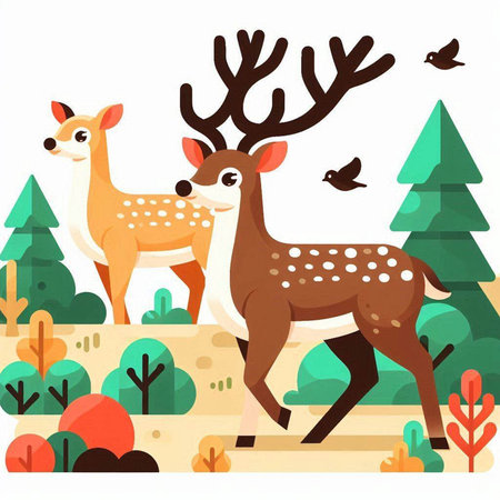 Deer and birds in the forest. Vector illustration in flat styleのイラスト素材