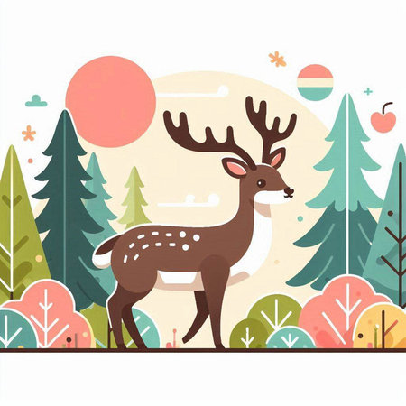 Deer in the forest. Vector illustration in flat cartoon style.のイラスト素材