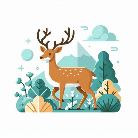 Deer in the forest. Flat style vector illustration isolated on white background.のイラスト素材