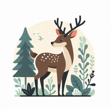Cute cartoon deer in forest. Vector illustration in flat style.のイラスト素材