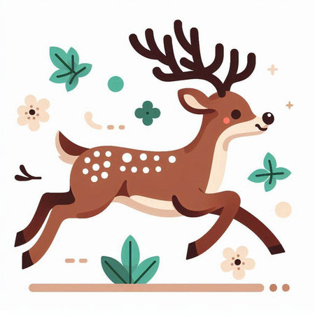 Cute cartoon reindeer with flowers and leaves. Vector illustration.のイラスト素材